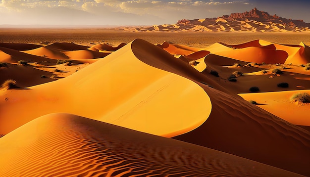 A desert scene with sand dunes and mountains in the background.