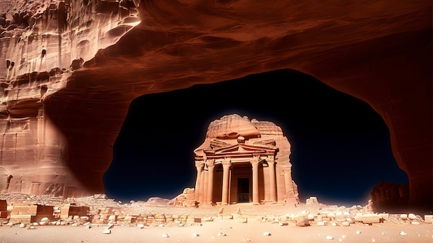 A desert scene with a small building in the middle of the desert.