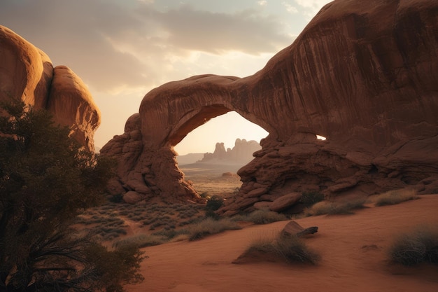 A desert scene with a stone arch and a sunset in the background.