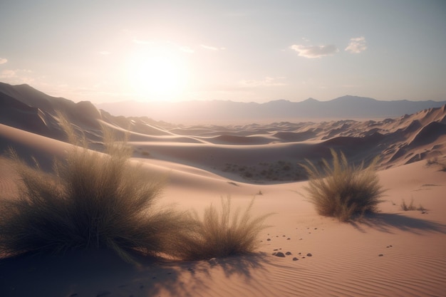 A desert scene with the sun setting behind the dunes.