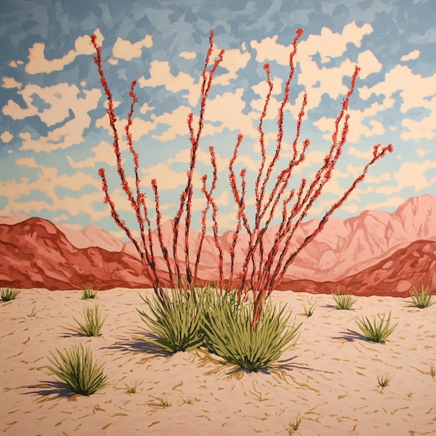 A desert scene with tall slim ocotillo prickly plants in sprout