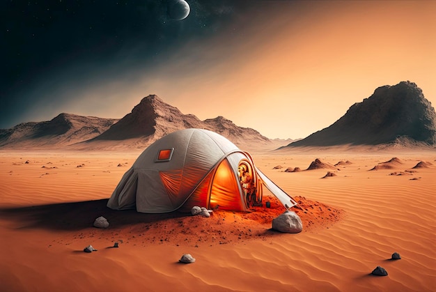 A desert scene with a tent in the middle of it.