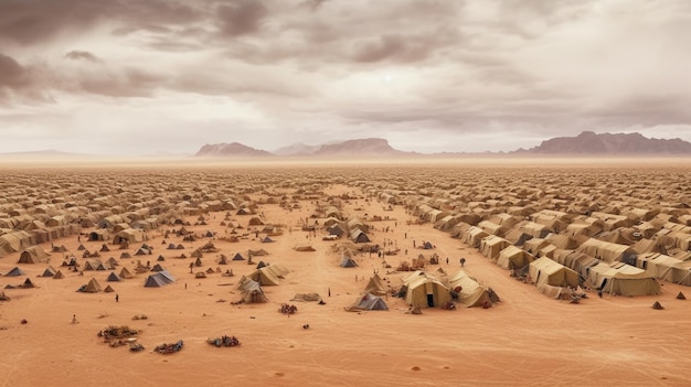 A desert scene with tents and mountains in the background.