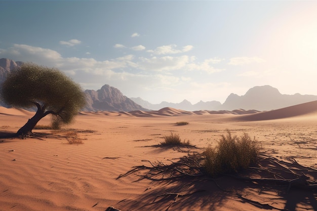 A desert scene with a tree in the foreground and mountains in the background.