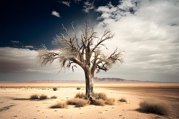 A desert scene with a tree in the middle and the sky with clouds in the background.