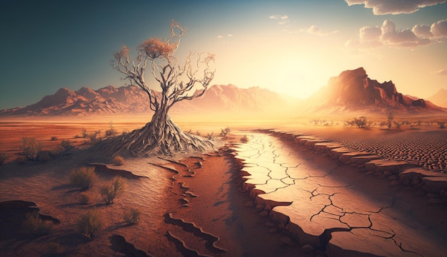 A desert scene with a tree and mountains in the background generated ai