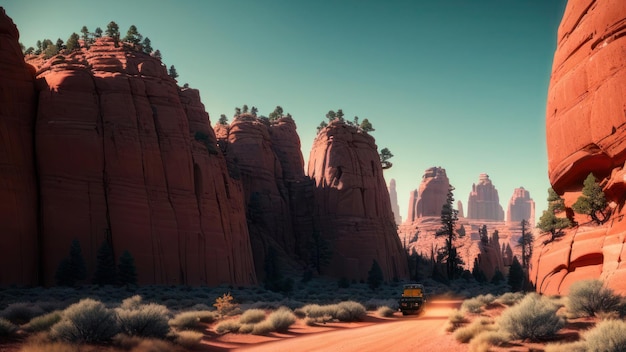 A desert scene with a truck driving through a canyon.