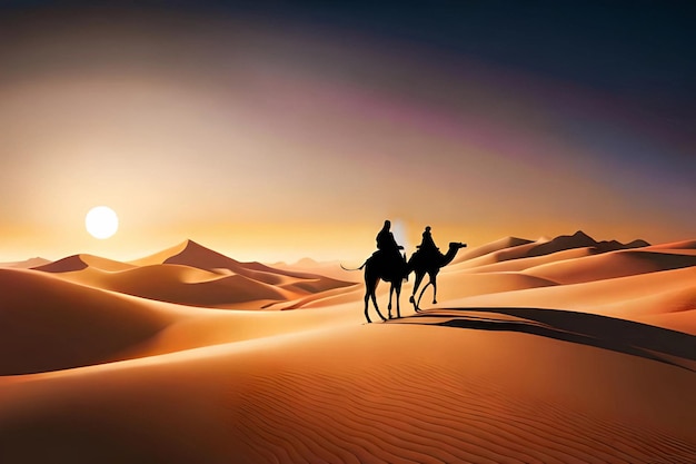 A desert scene with two camels and a sunset