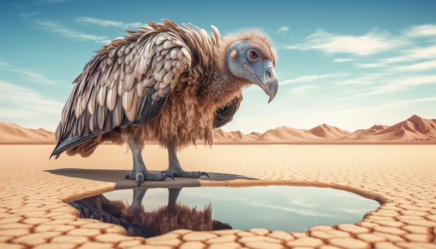 A desert scene with a vulture standing on a puddle