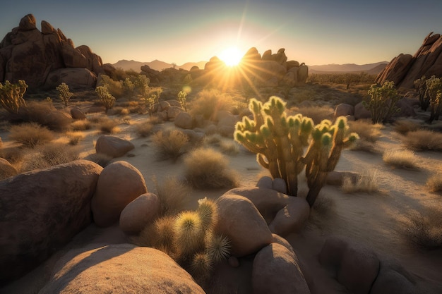 Desert scenery comes alive with towering cacti under the setting sun generative IA