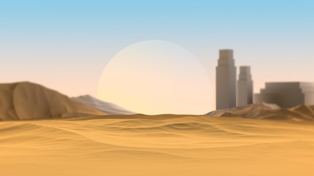 Desert skyfi landscape Futuristic mountains blur blur in the desert on the background of buildings and the planet Abstract space desert 3D render