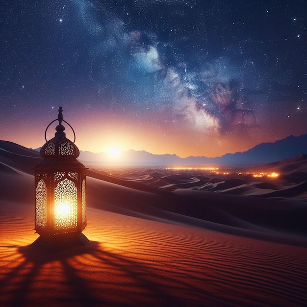 The desert sunlit dune glows the Ramadan lantern a starry night