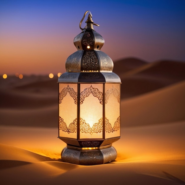 The desert sunlit dune glows the Ramadan lantern a starry night