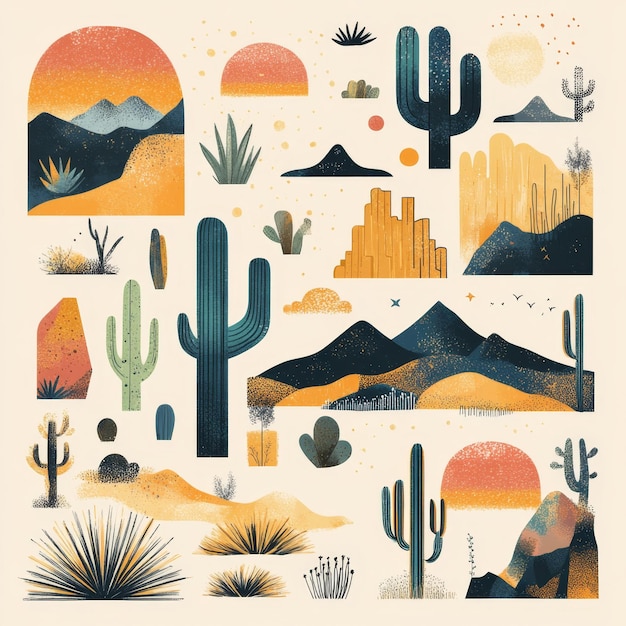 Photo desert sunset landscape with cacti and mountains