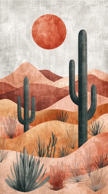 Desert Sunset with Cacti Illustration