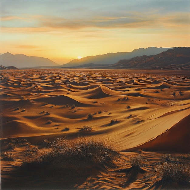 A desert at sunset with long shadows and delicate light