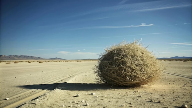 Desert Tumbleweed in the Vastness of the Landscape A single tumbleweed rests on the dry crac