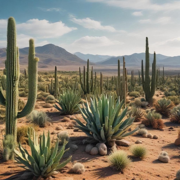 a desert with cactus plants and mountains in the background