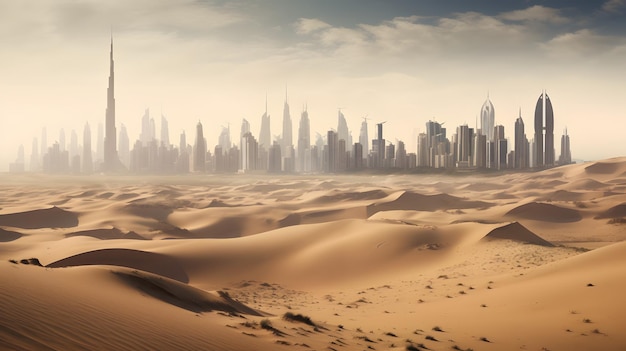 A desert with a city in the background