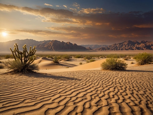 a desert with a desert landscape and mountains in the background