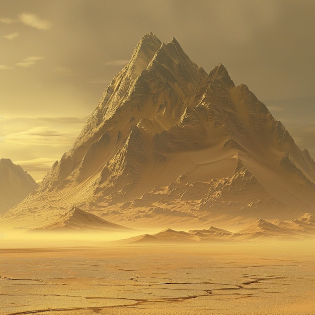 A desert with a distant towering mountain range bathed in golden light