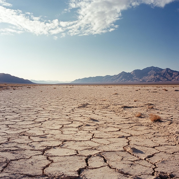 A desert with a dry broke lake bed