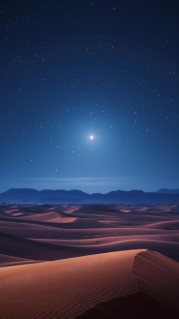 a desert with a full moon and stars in the sky