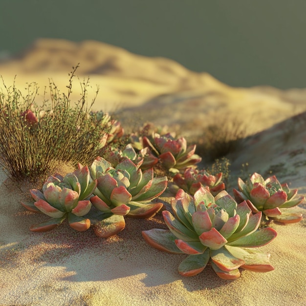 A desert with a group of sprouting succulents