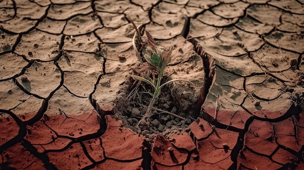 A desert with a hole in the ground that has a plant growing out of it.