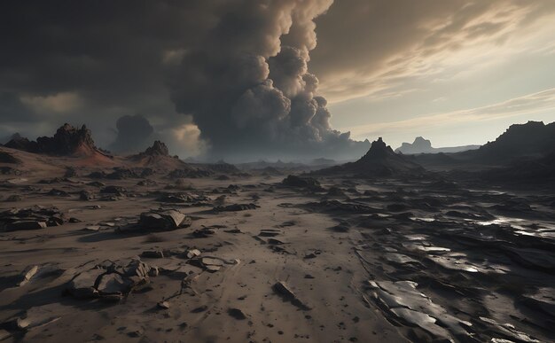 a desert with a large cloud of smoke rising from the earth