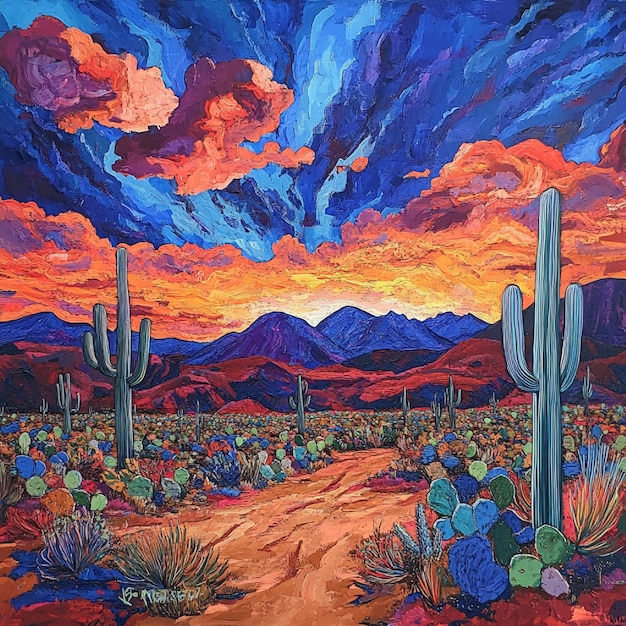 A desert with a lively bright dusk sky