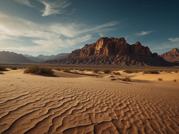 a desert with a mountain in the background and a mountain in the background