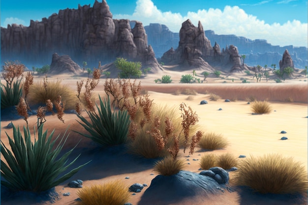 Desert with mountains cacti bushes