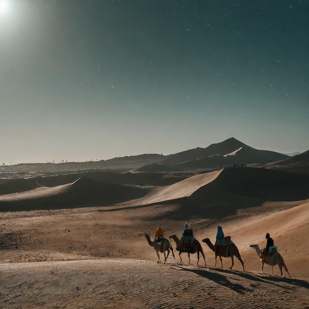 a desert with people on camels and the moon in the background