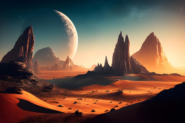 A desert with a planet and a planet