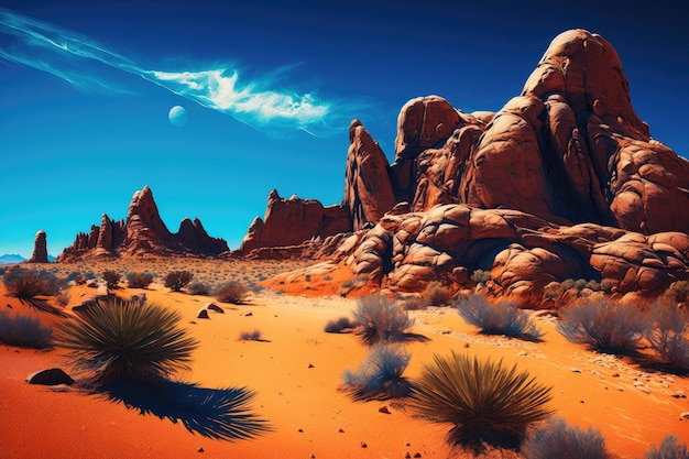 Desert with red rock formations and bright blue sky created with generative ai