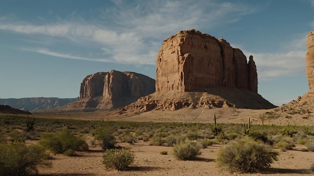 a desert with a rock in the middle and a desert in the background