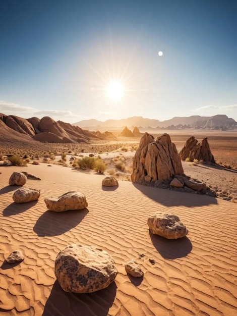 Photo a desert with rocks and a sun setting in the background