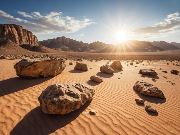 Photo a desert with rocks and a sun setting in the background