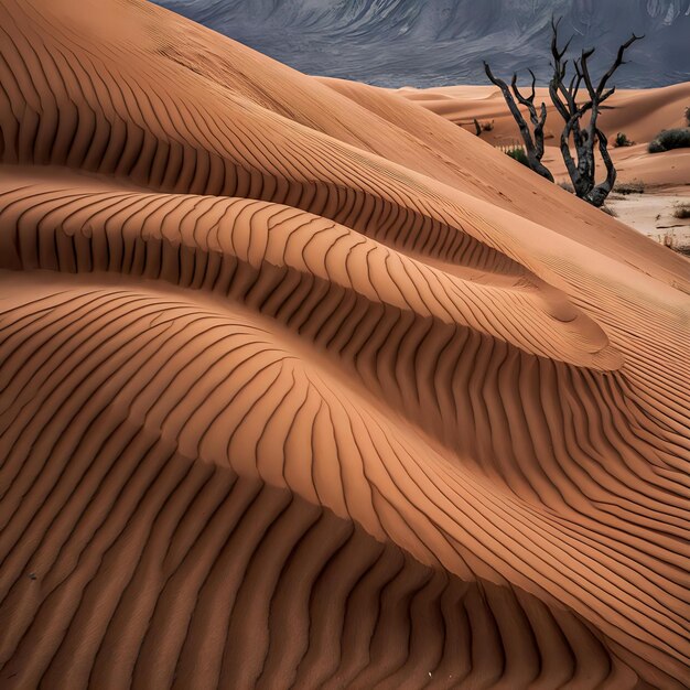 Photo a desert with a sand dune and a tree in the background