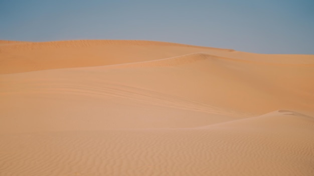 A desert with sand dunes and a blue sky