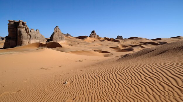 A desert with sand dunes and rock formations Generative AI