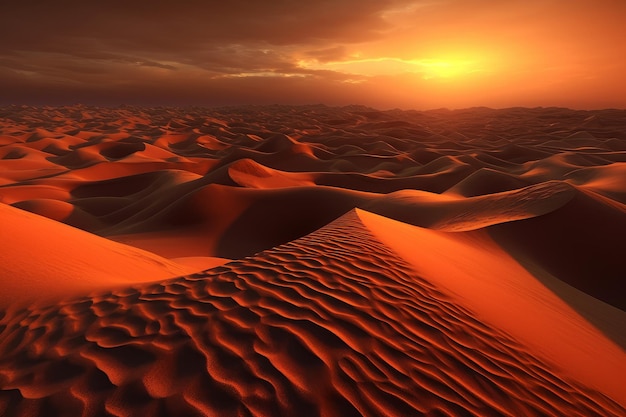 A desert with sand dunes and a sunset