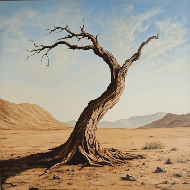 A desert with a single twisted tree