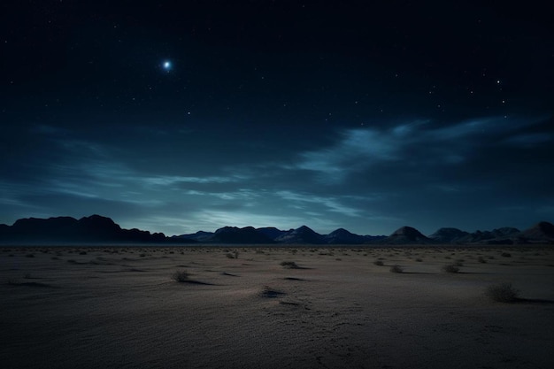 a desert with a star filled sky and mountains in the background.