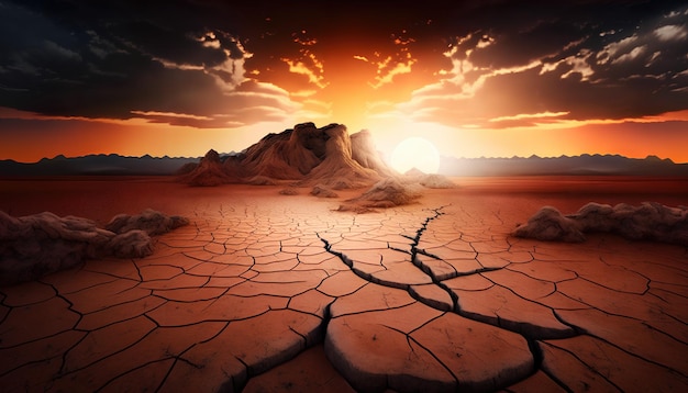 A desert with a sunset and a cracked surface