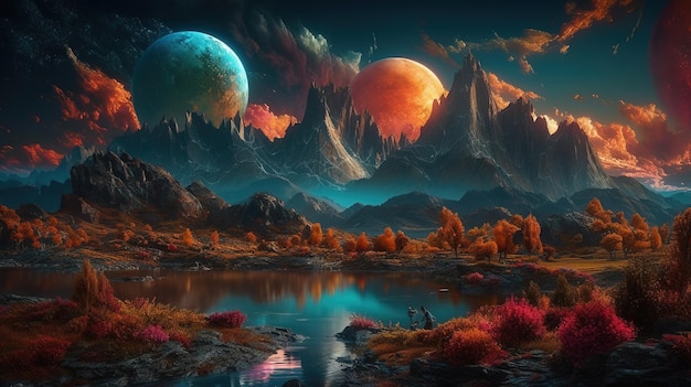 A deserted abstract colorful alien landscape Alien planets during sunrise