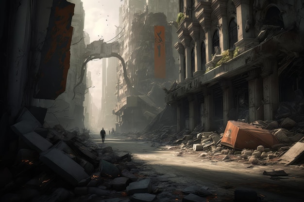 A deserted city street after a firestorm destroyed the area leaving nothing but rubble