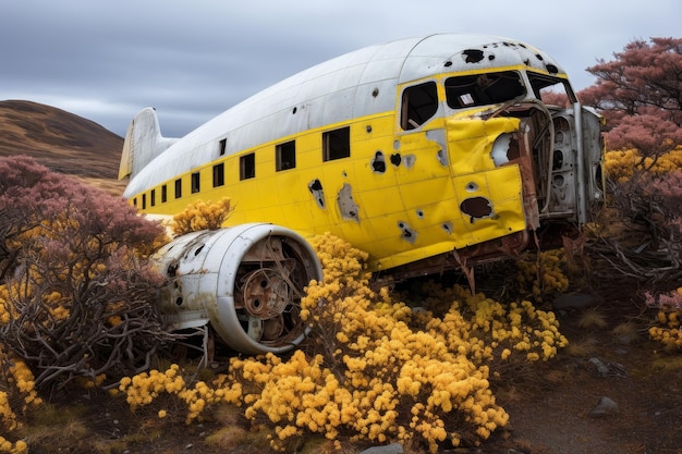 Deserted plane on cliff with blooming flowers embraced by lush forest surroundings