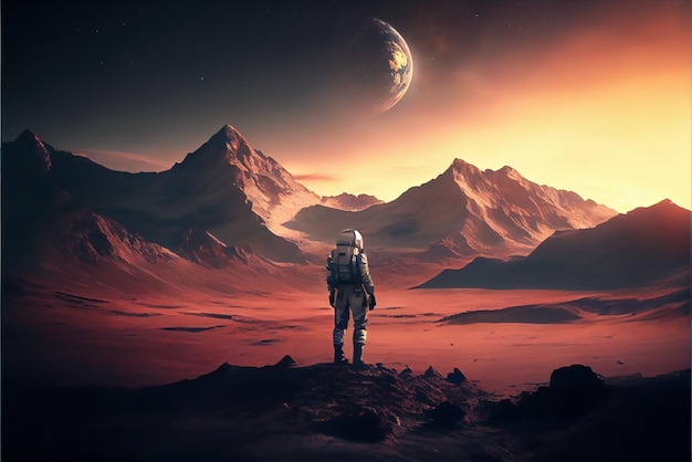 Deserted planet in alien world generative AI Lone man astronaut